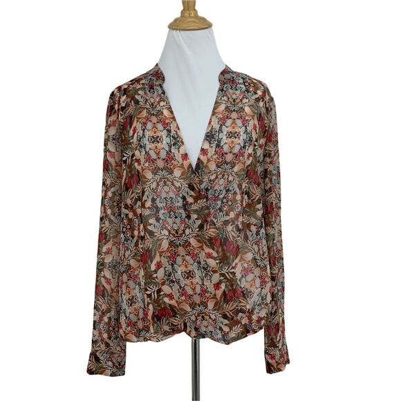 BCBGeneration Blouse Womens S Small Coffebean Multi Split Neck Faux Wrap Top - Picture 1 of 13